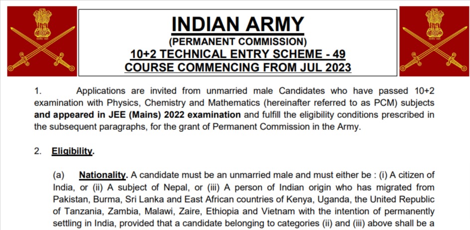 Army 10+2 Technical Entry Scheme Course 49 July 2022