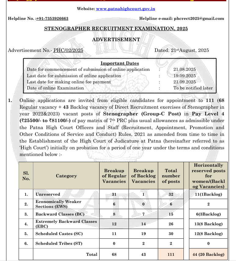 Official Notification Patna high court vacancy details
