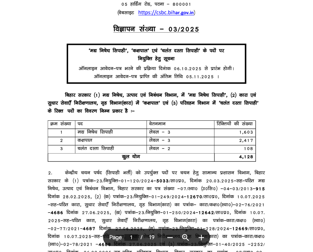Bihar Police Recruitment 2025 official notification 